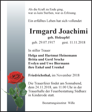 Traueranzeige von Irmgard Joachimi von Thüringer Allgemeine