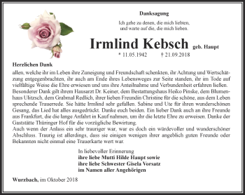 Traueranzeige von Irmlind Kebsch von Ostthüringer Zeitung