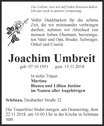 Traueranzeige von Joachim Umbreit von Thüringer Allgemeine, Thüringische Landeszeitung