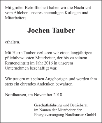 Traueranzeige von Jochen Tauber von Thüringer Allgemeine