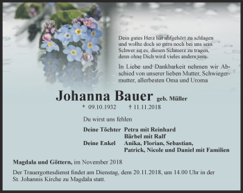 Traueranzeige von Johanna Bauer von Thüringer Allgemeine, Thüringische Landeszeitung