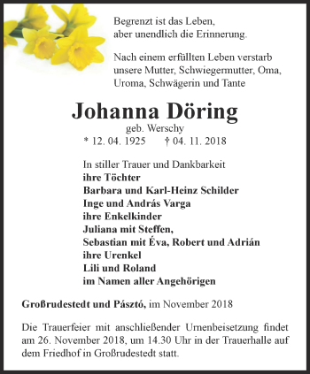 Traueranzeige von Johanna Döring von Thüringer Allgemeine