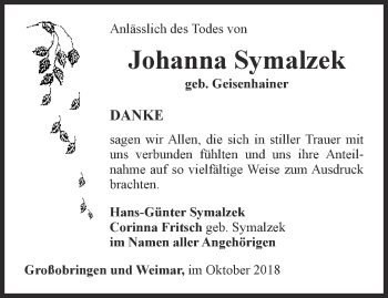 Traueranzeige von Johanna Symalzek von Thüringer Allgemeine, Thüringische Landeszeitung