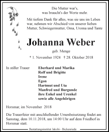 Traueranzeige von Johanna Weber von Thüringer Allgemeine, Thüringische Landeszeitung