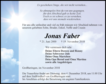 Traueranzeige von Jonas Faber von Thüringer Allgemeine, Thüringische Landeszeitung