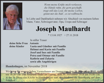 Traueranzeige von Joseph Maulhardt von Thüringer Allgemeine