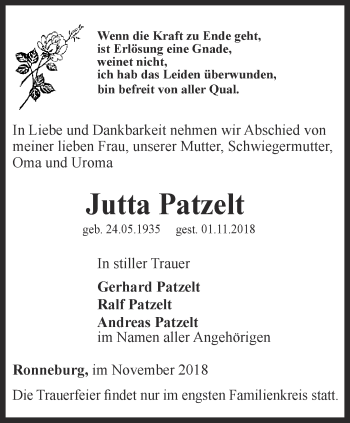 Traueranzeige von Jutta Patzelt von Ostthüringer Zeitung