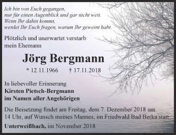 Traueranzeige von Jörg Bergmann von Ostthüringer Zeitung