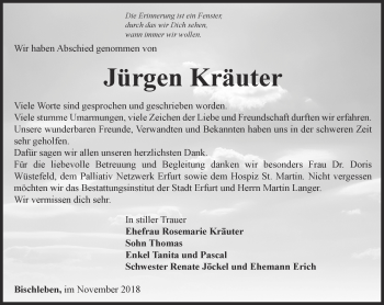 Traueranzeige von Jürgen Kräuter von Thüringer Allgemeine, Thüringische Landeszeitung