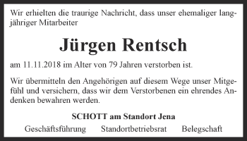 Traueranzeige von Jürgen Rentsch von Ostthüringer Zeitung, Thüringische Landeszeitung