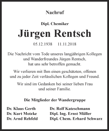 Traueranzeige von Jürgen Rentsch von Ostthüringer Zeitung, Thüringische Landeszeitung