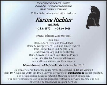 Traueranzeige von Karina Richter von Thüringer Allgemeine, Thüringische Landeszeitung