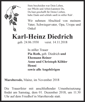 Traueranzeige von Karl-Heinz Diedrich von Thüringer Allgemeine, Thüringische Landeszeitung