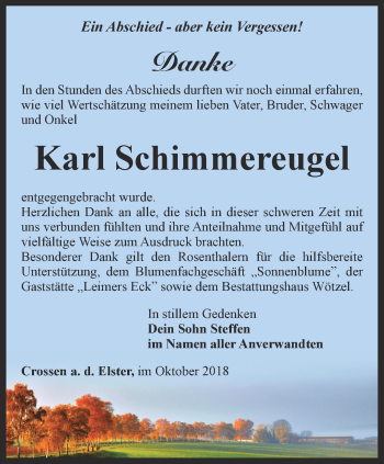 Traueranzeige von Karl Schimmereugel von Ostthüringer Zeitung