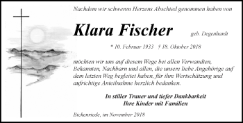 Traueranzeige von Klara Fischer von Thüringer Allgemeine, Thüringische Landeszeitung