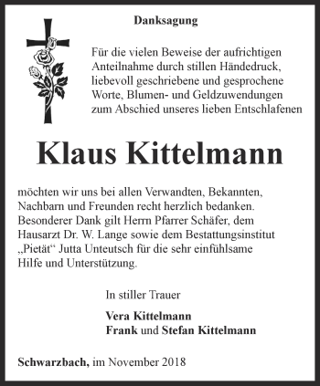 Traueranzeige von Klaus Kittelmann von Ostthüringer Zeitung