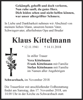 Traueranzeige von Klaus Kittelmann von Ostthüringer Zeitung