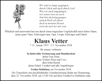 Traueranzeige von Klaus Vetter von Ostthüringer Zeitung, Thüringische Landeszeitung