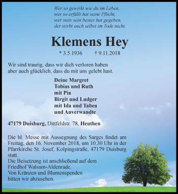 Traueranzeige von Klemens Hey von Thüringer Allgemeine