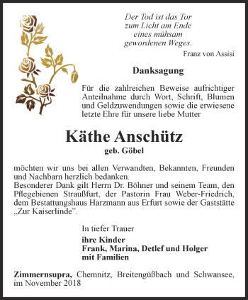 Traueranzeige von Käthe Anschütz von Thüringer Allgemeine, Thüringische Landeszeitung