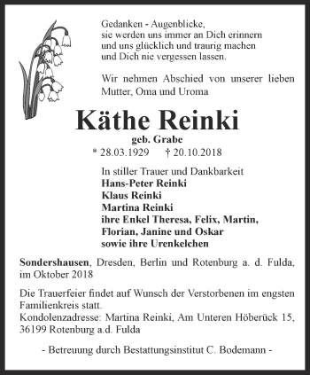 Traueranzeige von Käthe Reinki von Thüringer Allgemeine