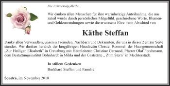 Traueranzeige von Käthe Steffan von Thüringer Allgemeine, Thüringische Landeszeitung