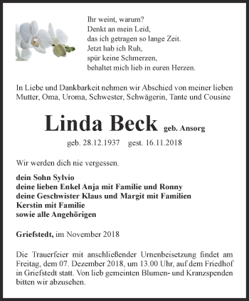 Traueranzeige von Linda Beck von Thüringer Allgemeine