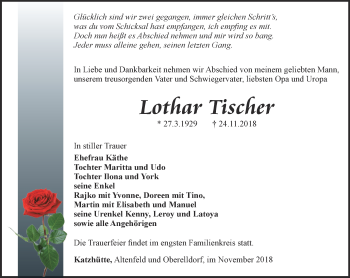 Traueranzeige von Lothar Tischer von Ostthüringer Zeitung