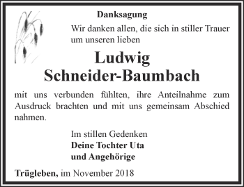 Traueranzeige von Ludwig Schneider-Baumbach von Ostthüringer Zeitung, Thüringische Landeszeitung