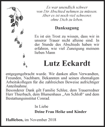 Traueranzeige von Lutz Eckardt von Thüringer Allgemeine, Thüringische Landeszeitung