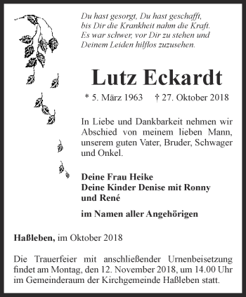 Traueranzeige von Lutz Eckardt von Thüringer Allgemeine, Thüringische Landeszeitung