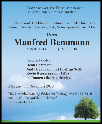 Traueranzeige von Manfred Bemmann von Ostthüringer Zeitung