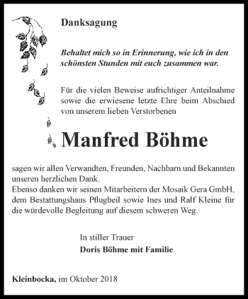 Traueranzeige von Manfred Böhme von Ostthüringer Zeitung