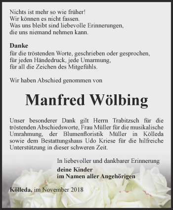 Traueranzeige von Manfred Wölbing von Thüringer Allgemeine