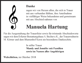 Traueranzeige von Manuela Hartung von Thüringer Allgemeine, Thüringische Landeszeitung