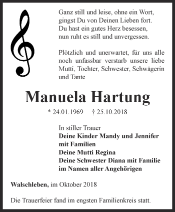 Traueranzeige von Manuela Hartung von Thüringer Allgemeine, Thüringische Landeszeitung