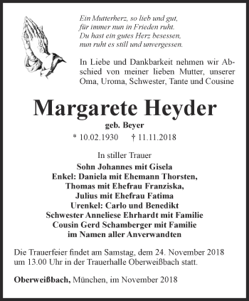 Traueranzeige von Margarete Heyder von Ostthüringer Zeitung