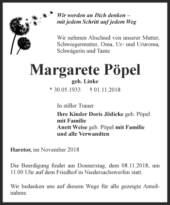 Traueranzeige von Margarete Pöpel von Thüringer Allgemeine