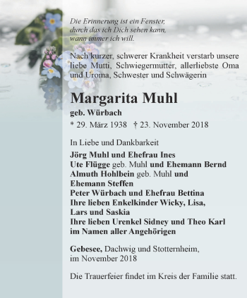 Traueranzeige von Margarita Muhl von Thüringer Allgemeine, Thüringische Landeszeitung