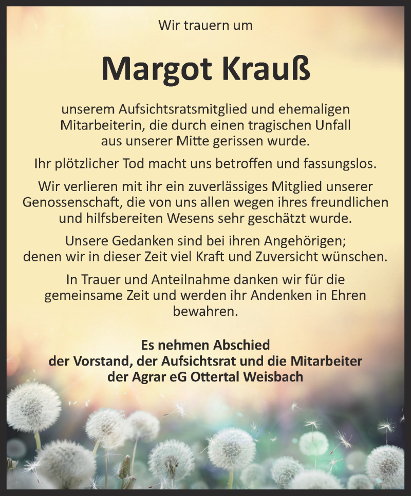  Traueranzeige für Margot Krauß vom 27.11.2018 aus Ostthüringer Zeitung