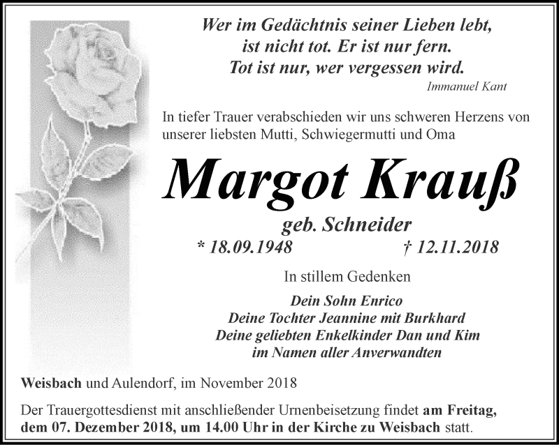  Traueranzeige für Margot Krauß vom 16.11.2018 aus Ostthüringer Zeitung