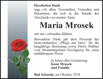 Traueranzeige von Maria Mrosek von Ostthüringer Zeitung