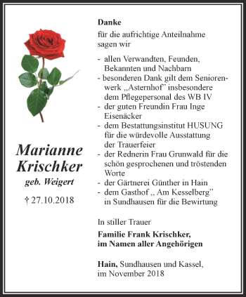 Traueranzeige von Marianne Krischker von Thüringer Allgemeine