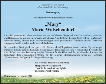 Traueranzeige von Marie Wolschendorf von Ostthüringer Zeitung