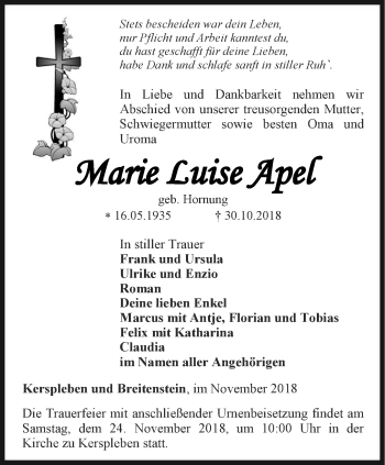 Traueranzeige von Marie Luise Apel von Thüringer Allgemeine, Thüringische Landeszeitung