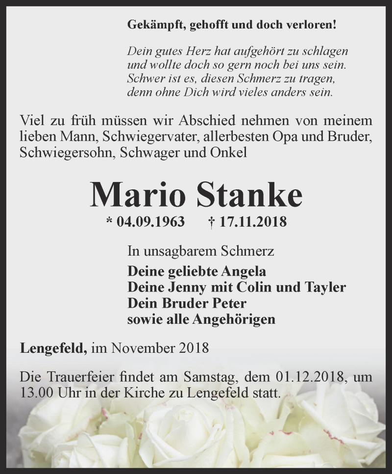  Traueranzeige für Mario Stanke vom 24.11.2018 aus Thüringer Allgemeine, Thüringische Landeszeitung