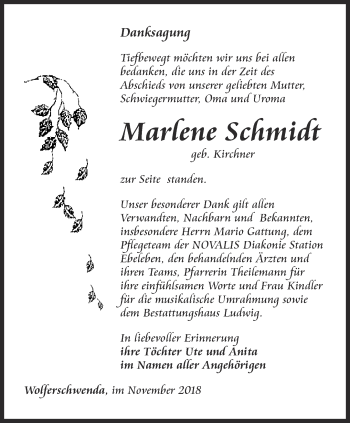 Traueranzeige von Marlene Schmidt von Thüringer Allgemeine