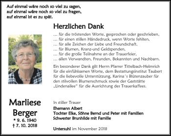 Traueranzeige von Marliese Berger von Thüringer Allgemeine, Thüringische Landeszeitung