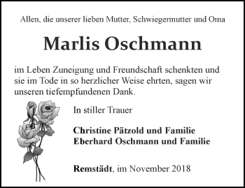 Traueranzeige von Marlis Oschmann von Ostthüringer Zeitung, Thüringische Landeszeitung