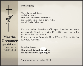 Traueranzeige von Martha Gremmer von Thüringer Allgemeine